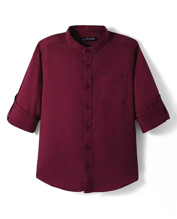 Pine Kids Cotton Woven Full Sleeves Solid Colour Kurta Style Shirt - Dark Red